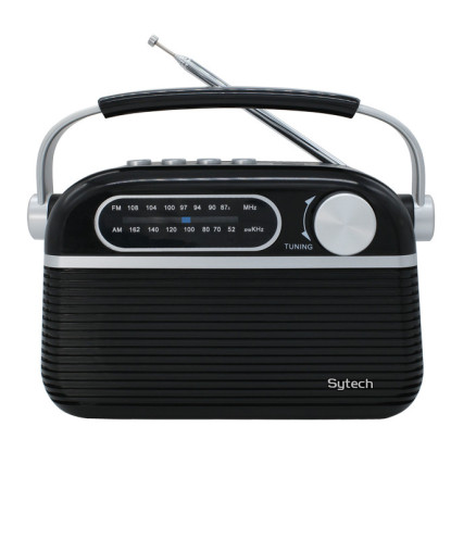 VINTAGE PORTABLE RADIO, AM/FM, BLUETOOTH, AC/DC, RECHARGEABLE, BLACK (SYTECH)