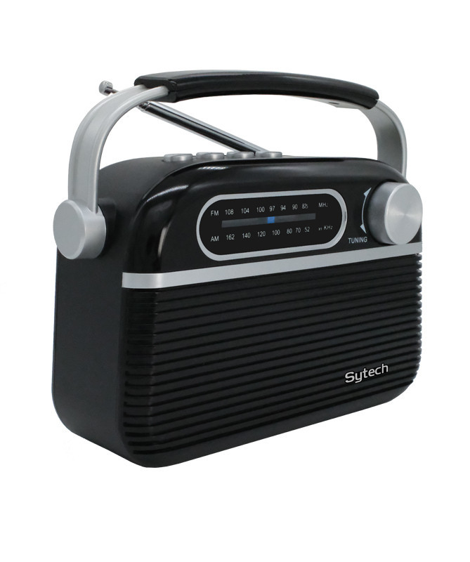 VINTAGE PORTABLE RADIO, AM/FM, BLUETOOTH, AC/DC, RECHARGEABLE, BLACK (SYTECH)
