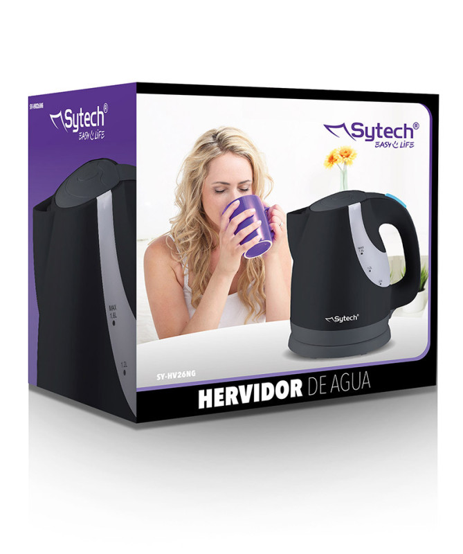 HERVIDORA ELECTRICA SIN CABLE, 1.6 LITRO, BASE GIRATORIA 360, NEGRO (SYTECH)