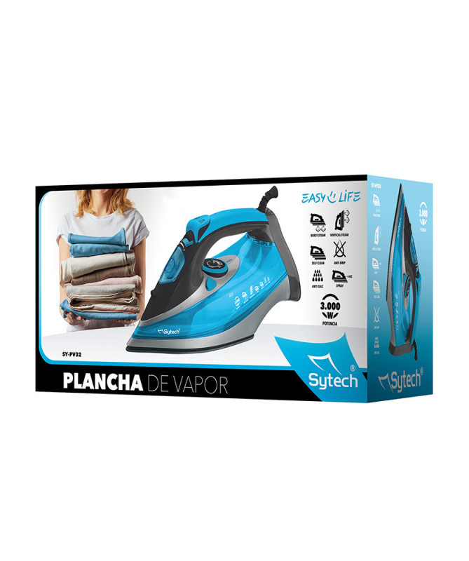 PLANCHA DE VAPOR, 3000W., SUELA CERAMICA, ANTICAL, 380ML., AZUL (SYTECH)
